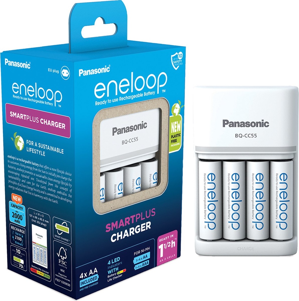 Chargeur Rapide Panasonic BQ-CC55 + 4x AA Eneloop 2000mAh